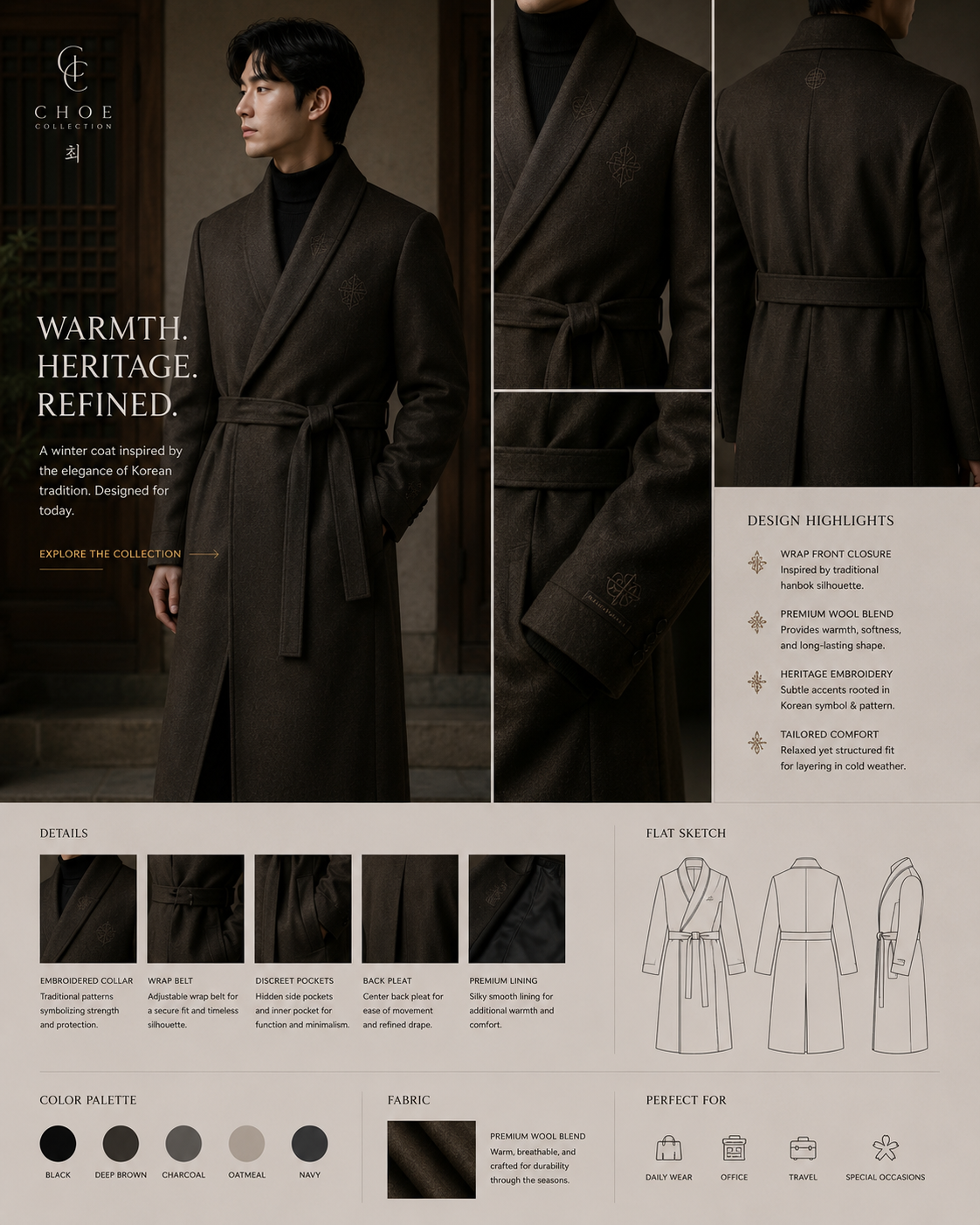 Long dark brown wrap-front winter coat